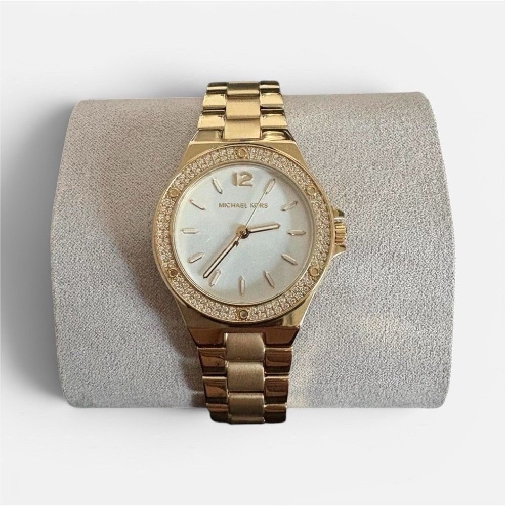 Michael Kors Women's Gold-Tone Gem-Set Bezel Quartz Watch White Dial Bracelet